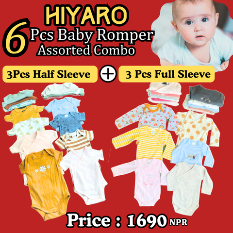 3 PCS FULL SLEEVE + 3 PCS HALF SLEEVE BABY ROMPER (MULTICOLOR ASSORTED)