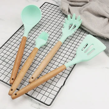 12pcs Wooden Handle Silicone Kitchen Tools Set